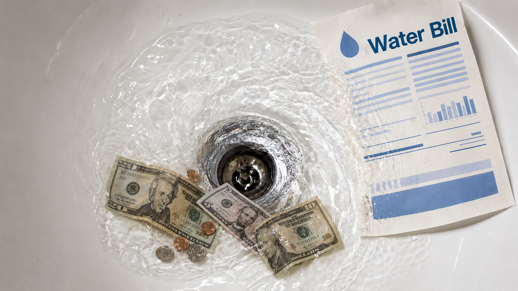Water bill and cash swirling toward a sink drain, illustrating water waste and rising utility costs.