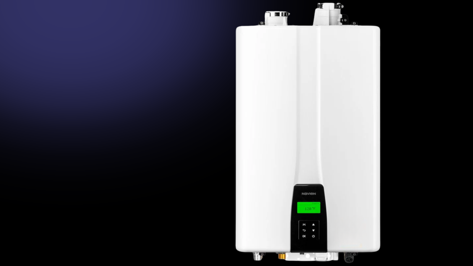 White tankless water heater on dark background