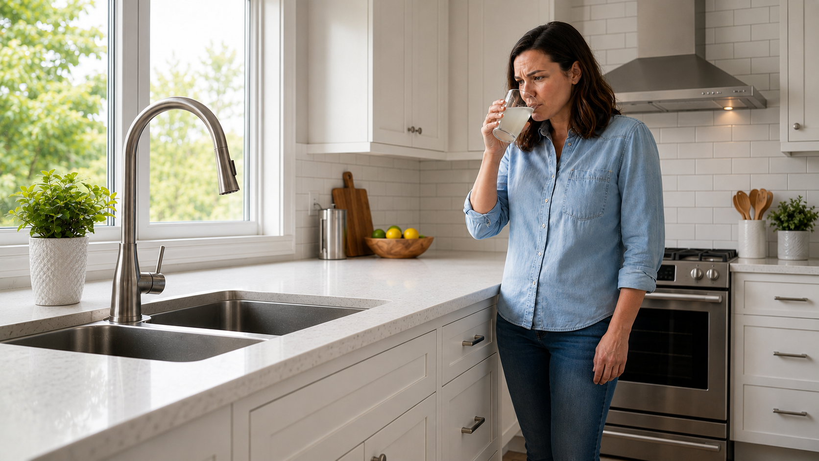 Woman in a modern kitchen cautiously drinking cloudy, discolored tap water from a glass beside a stainless-steel sink and faucet.