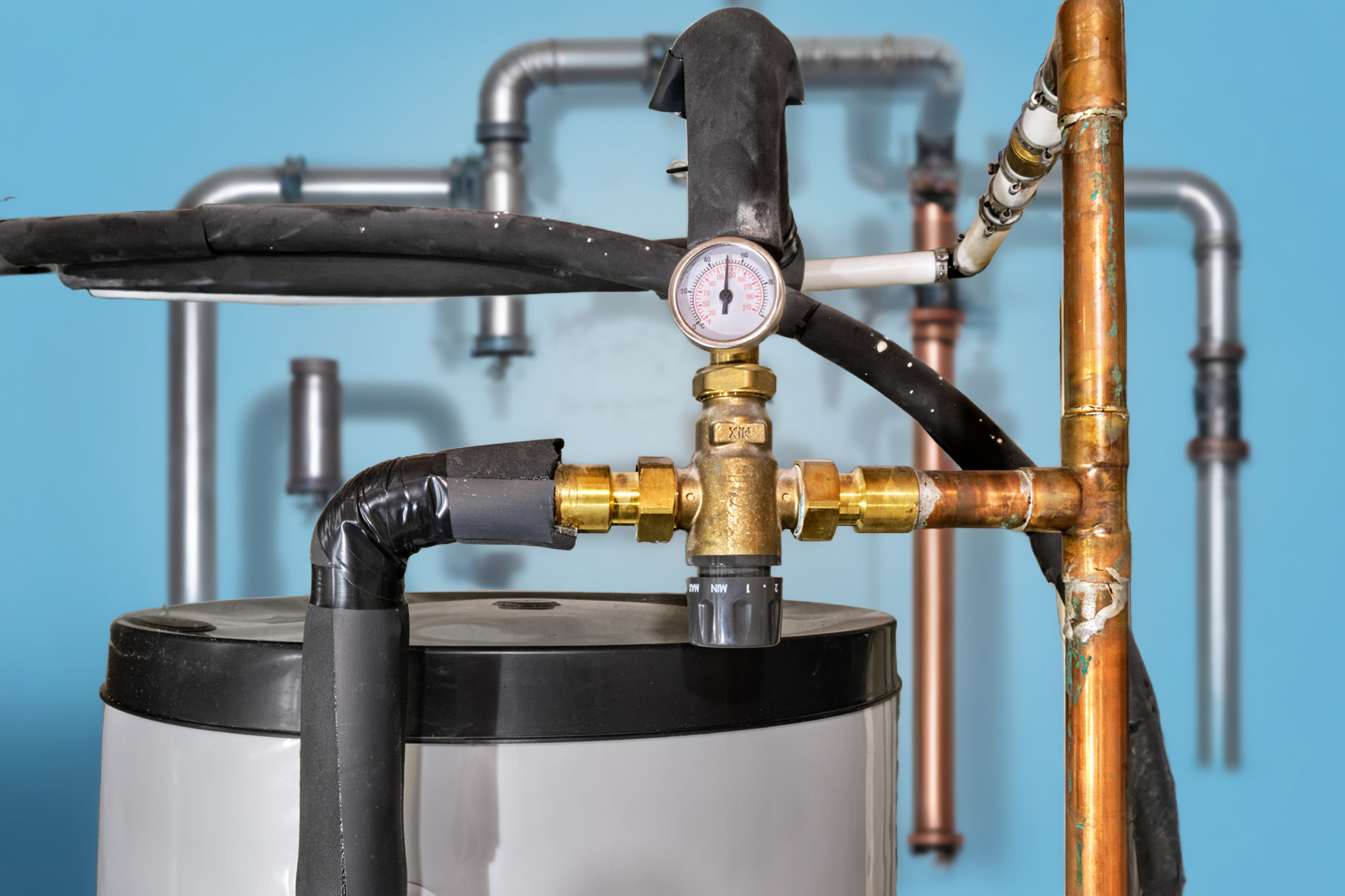 Water heater and elements against blue background