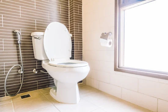 Picture of a toilet next to a window