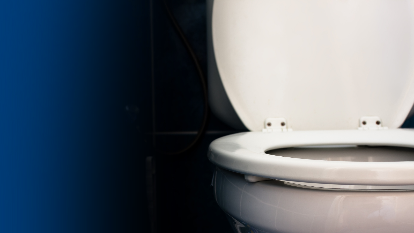 White toilet with black and blue background